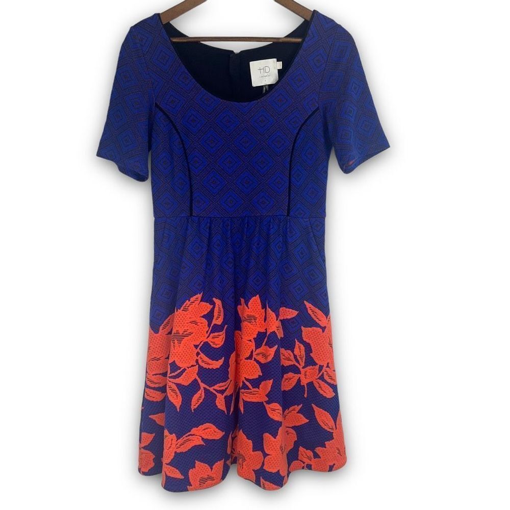 HD In Paris Blue Coral Blushed Blooms Jacquard Fit And Flare Dress Small